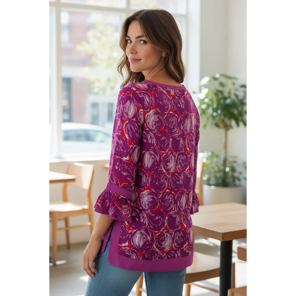 Tory Burch Floral‎ Bell Sleeve Tassel Tie Neck Bohemian Habanero Tunic Size 6